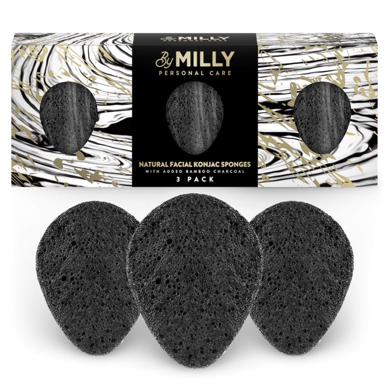 By MILLY Konjac Sponge for Face | All Natural and Reusable | Konjac Facial Sponge with Activated Bamboo Charcoal | Gentle Exfoliating Sponge for Face | Cleaning for All Skin Types | Biodegradable - Black  3pcs - Image 1